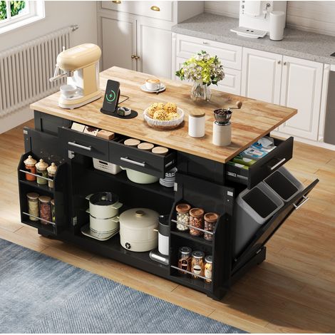 Isla de cocina 138x86x92 cm de MDF negro con enchufe EU, para espacio pequeño – MEUBLIV (1/5)
