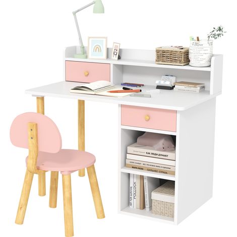 Bureau rose et blanc pour écolier avec tiroirs, compartiment et étagères, design enfant tendance pour chambre et devoirs pratique et organisé
