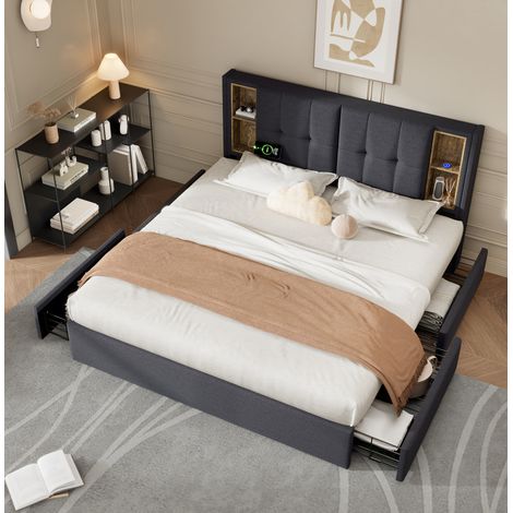 Bett Doppelbett mit Stauraum 160x200 Leinen Grau OKMYHOME