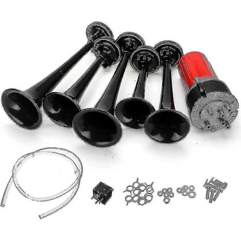 Klaxon pneumatique noir à 5 trompettes 12 V 125 dB, style Dixie, inspiré des Dukes of Hazzard, compatible avec compresseur d'air universel General-Lee pour voiture, camion et bateau (noir) (1/4)