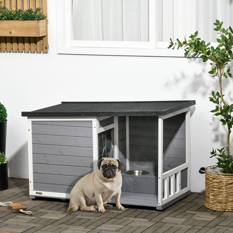 Cuccia per cani PawHut in legno massello con 2 ciotole, veranda, resistente alle intemperie, 103 cm x 62 cm x 66 cm, grigio + bianco