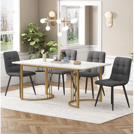 Conjunto de comedor MDF blanco 140x80 cm con 4 sillas de lino y patas metálicas negras (1/5)
