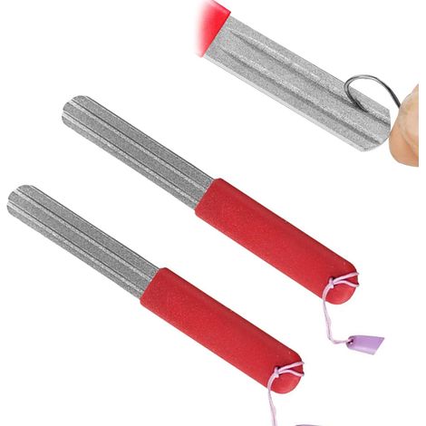 Set aus 2 Pfeilschärfesteinen, Pfeilschärfer, Hakenschärfer, tragbar, doppelseitig, mit Griff und Aufhängeöse, für Outdoor-Angeln (rot)