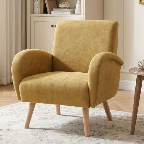 Wahson Fauteuil Relax en Chenille, Fauteuil Chambre avec Pied Bois Fauteuil Scandinave Rembourré pour Salon et Chambre, Jaune