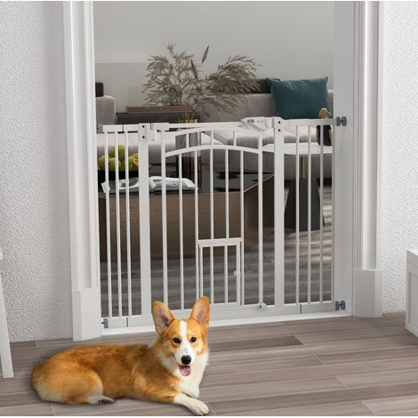 Barriera di sicurezza per cani con porticina per gatti, chiusura automatica, 74-100 cm, bianca (1/5)
