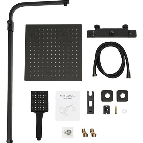 Ensemble de Douche, Design Carré, Contrôle Thermostatique, noir (1/2)