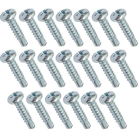 Paquete de 20 tornillos autorroscantes para chapa metálica de Ø4,2x19 mm con cabeza ancha abombada, con accionamiento Phillips/de estrella, de acero cincado. (1/2)