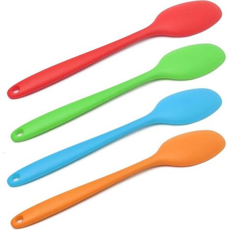 Lot de 4 cuillères en silicone, manches longs de 28 cm, résistantes à la chaleur, pour mélanger, servir et cuisiner. (1/5)