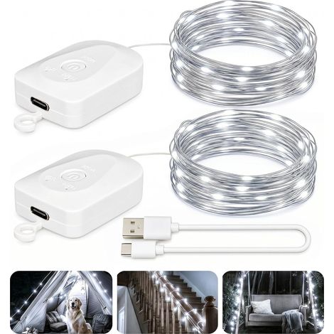 Guirlande lumineuse rechargeable 3M (lot de 2) - Blanc froid, multi-modes, décoration féerique pour jardin ou fête (1/5)