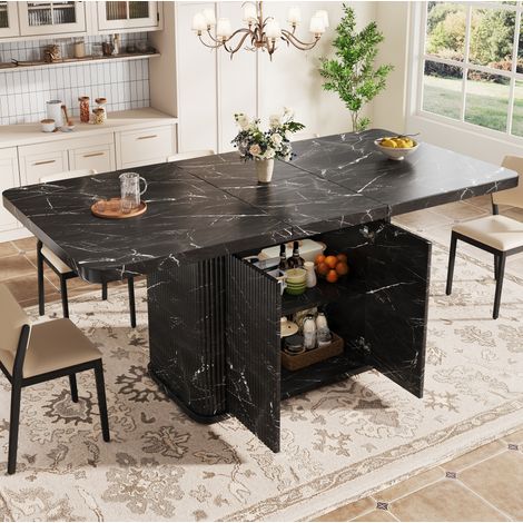 Table à manger extensible 140-180x80 cm avec rangement caché, pieds réglables, MDF placage en marbre noir (1/5)