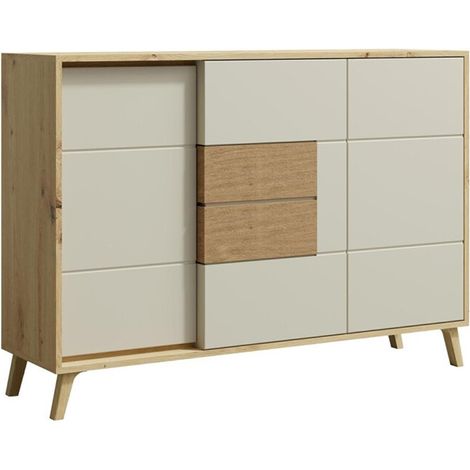 BRUNO Buffet commode 2 portes 3 tiroirs 130x89 cm en bois clair design intemporel Blanc (1/5)