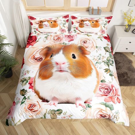 Housse de Couette 200x200 Enfant Cobaye avec 2 Taies d'oreiller - Parure de Lit Ado Fille Floral Rose Rouge - Sets de Housses de Couettes Animal Cochon d'Inde - Motif Fleurs Épanouies (1/5)