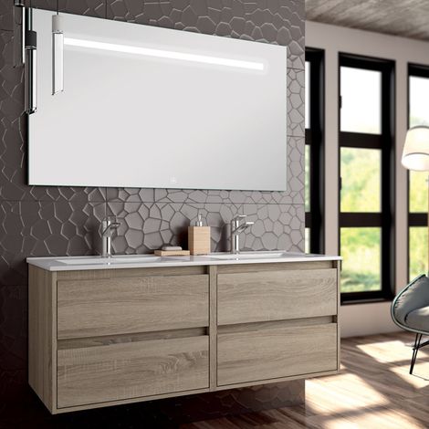 Meuble de salle de bain double vasque - 4 tiroirs - cambrian (chêne clair) - IRIS et miroir Led STAM - 120cm (1/5)
