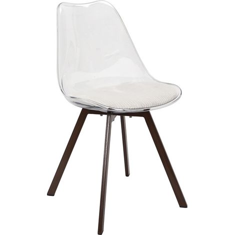 Chaise Coque Transparente avec Coussin Velours Cotelé Blanc rembourré - Piètement métal effet Bois Foncé - Livraison gratuite