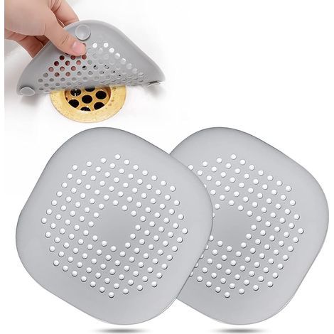 Recolector de pelo, tapa cuadrada para desagüe de ducha, tapón de silicona con ventosa, fácil de instalar, apto para baño, bañera y cocina, paquete de 2 (gris). (1/5)