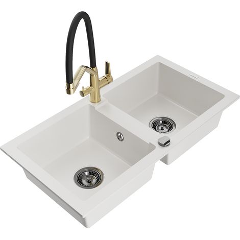 Mexen Mario lavello in granito a 2 vasche con miscelatore da cucina Duo, bianco - 6504-20-671701-57-B (1/5)