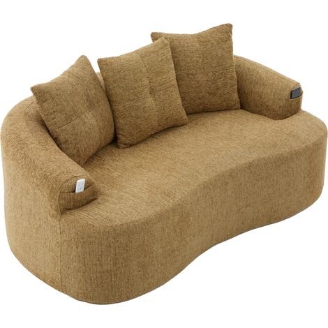 Canapé 2 places arrondi en tissu jaune moutarde, assise profonde avec ressorts ensachés et mousse compressée, livré avec 3 coussins, sans montage  CHICFURN (1/5)