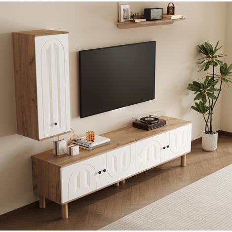 Conjunto mural TV 170x40x50 cm blanco y madera natural en tablero de partículas con puertas talladas (1/5)