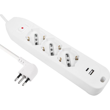 Multiprise 3 Places P40 Polyvalente + 2 USB (1 Type A + 1 Type C) 17 W avec Interrupteur avec Protection Contre surcourant, fiche Petite Italienne 10 A Gain de Place, câble 1,5 m (1/5)