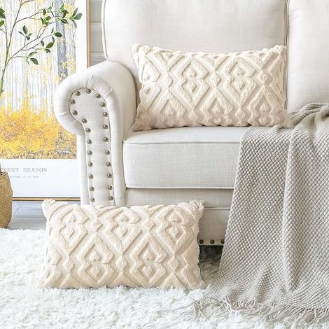 2 Pieces Soft Plush Short Wool Velvet Decorative Cushion Covers Luxury Style for Sofa Bedroom - Modern Diamond Shape Beige, 30 x 50 cm