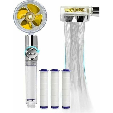 Douchette, Pommeau de Douche Anti Calcaire Economie Deau, Pommeau de Douche Helice Haute Pression Pivotant à 360 °, Filtre à Trois Niveaux Système de Filtrage Avec,3 Coton PP Remplaçable (Gold. (1/4)