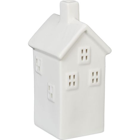 Relaxdays Casetta Portacandele in Ceramica, Casa Luminosa Porta-Tealight, per 1 Candelina, HLP: 14 x 6,5 x 7 cm, Bianco