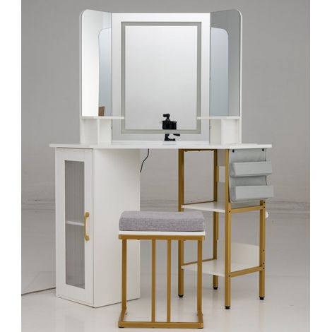 Coiffeuse d'angle avec miroir triple éclairé, tabouret rembourré et rangements