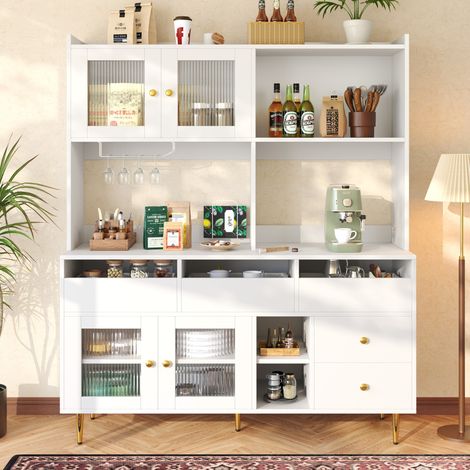 Aparador blanco 145 x 39 x 171 cm con puertas de cristal y botellero DESVIAE (1/5)