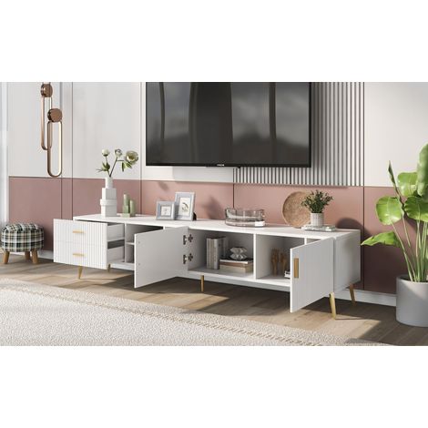 Meuble TV scandinave contemporain 180cm pour 75" tv - 2 tiroirs et 3 compartiments - blanc (1/5)