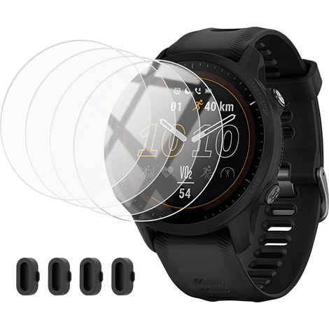 Ensemble de Protection d'Écran Compatible avec Garmin Forerunner 255/255 Music, 4 Films en Verre Trempé, 4 Bouchons Anti-Poussière en Silicone, Haute Sensibilité et Clarté HD