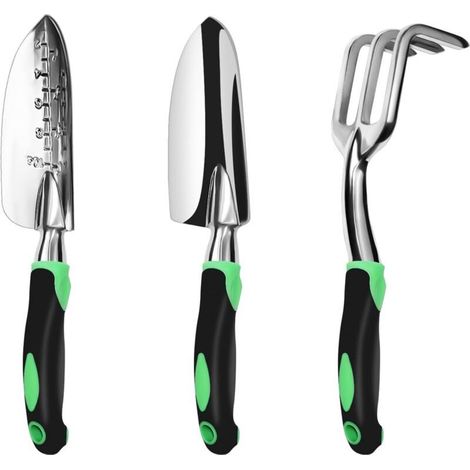 Ensemble d'outils de jardinage, lot de 3, kit de jardinage robuste en aluminium comprenant une truelle à main, une truelle de transplantation et un râteau à main cultivateur (1/5)