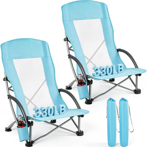 Chaise de Camping Pliante et Portable 2PCs, Fauteuil Pliable Camping à Dossier Haut, pour Pique-nique Randonnée Pêche en Plein Air, Charge 150 kg, avec Porte-gobelet et Sac de transport, Bleu (1/5)