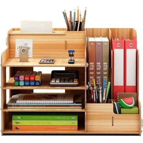 Organiseur de bureau en bois – Rangement stylos et livres – Compartiments multiples – Fabrication écologique et durable