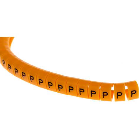 Repère câble à pression , Ø câble 4  5mm, texte : P, Noir sur Orange ( Prix pour Bobine de 100 )