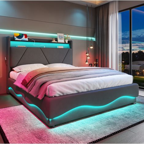 Lit coffre 160x200 LED USB velours gris HAVRYA (1/5)