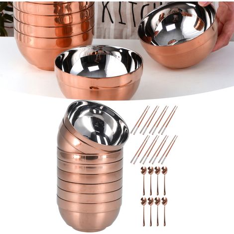 Ensemble de 24 pièces pour adultes comprenant bols, baguettes, cuillères et ustensiles, en acier inoxydable 304, or rose. (1/5)