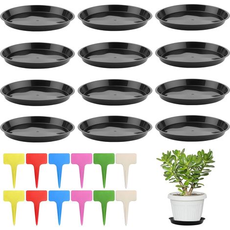 12 Pièces 30cm Dessous Pot Fleurs Ronds en Plastique Noir avec éTiquette (1/5)