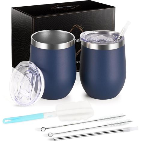 Verres à vin sans pied en acier inoxydable, 2 pièces, avec couvercle, isothermes, incassables, 350ml, bleu marine (1/5)