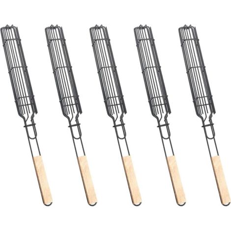 Lot de 5 paniers à griller en acier épais avec poignée bois pour barbecue, cuisson hot-dogs, saucisses et poissons - (1/5)