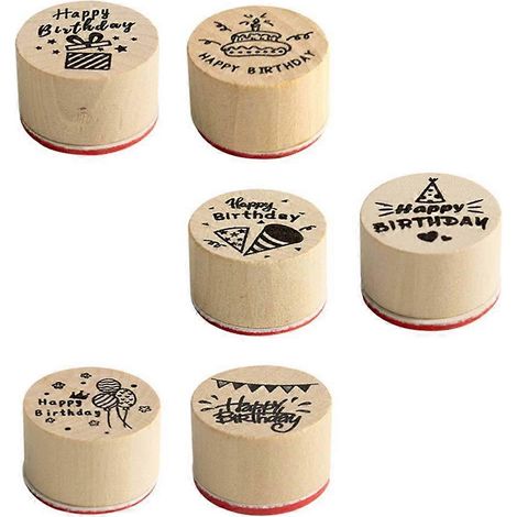 Lot de 6 tampons ronds en bois rétro « Joyeux anniversaire » pour scrapbooking et loisirs créatifs (couleurs assorties) (1/5)