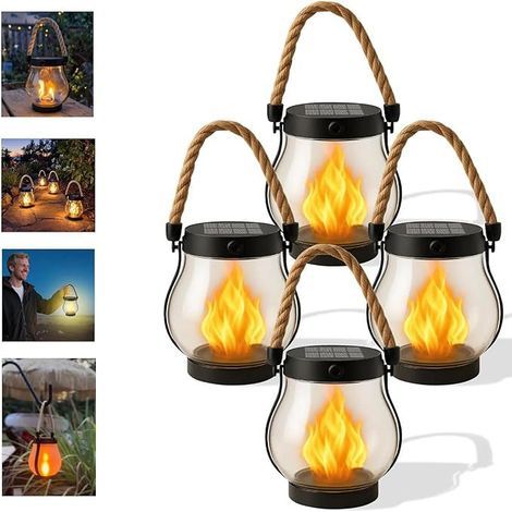 Lot de 4 lanternes solaires d'extérieur étanches avec flammes clignotantes, avec corde en chanvre, idéales pour les jardins et les cours