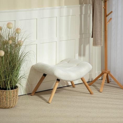 Taburete Puf Ergonómico, Reposapiés y Asiento de Apoyo, Poliéster, Madera de Haya, Blanco Crema (1/5)