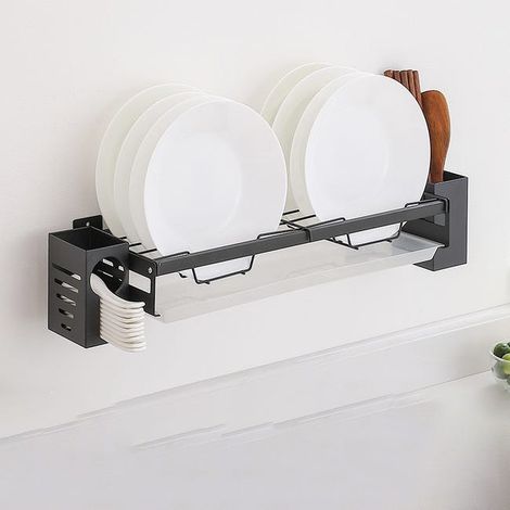 Étagère de cuisine murale sans perçage en acier inoxydable, rangement pour bols et assiettes, égouttoir compact 43×15×7,5 cm (1/5)