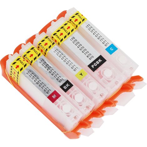 5 Cartouches d'Encre Rechargeables PGBK BK C M Y - Excellente Qualité d'Impression pour Imprimantes 370/371
