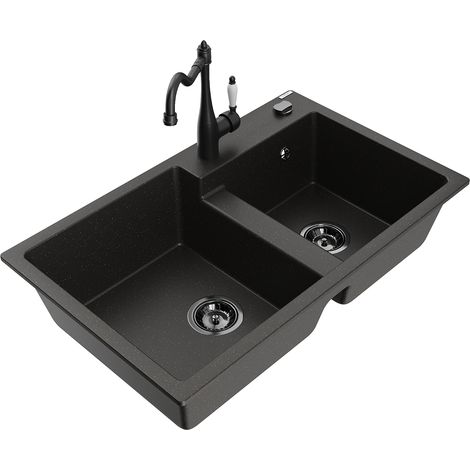 Mexen Tomas lavello in granito a 2 vasche con miscelatore da cucina Carla, nero/oro metallizzato - 6516-75-670700-70-B (1/5)