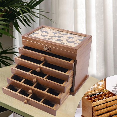 Boîte à bijoux vintage en bois à 6 couches, avec tiroirs, charnières et poignées raffinées de qualité supérieure, autonome, cadeau marron (1/5)