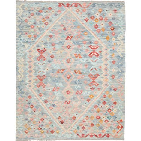 Tapis kilim 156 x 197 cm, motif ethnique, bleu, orange et rouge, en laine naturelle, tissé plat authentique (1/5)