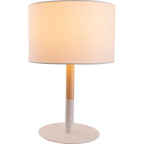 Lampe à Poser en Textile et Bois d'Hévéa Luminaire de Table Blanc et Naturel E14 Hauteur 37 cm - PANGIVO (1/5)