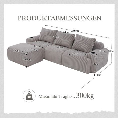 Canapé 3 places modulaire en corde gris clair, librement combinable avec poufs inclus, équipé de porte-verres et poche latérale de rangement, parfait pour salon, salle familiale ou pièce de vie.