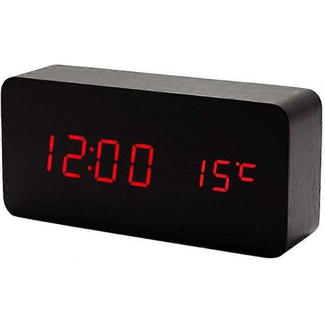 Horloge numérique en bois - Réveil LED multifonction avec affichage de l'heure, de la date et de la température (1/5)
